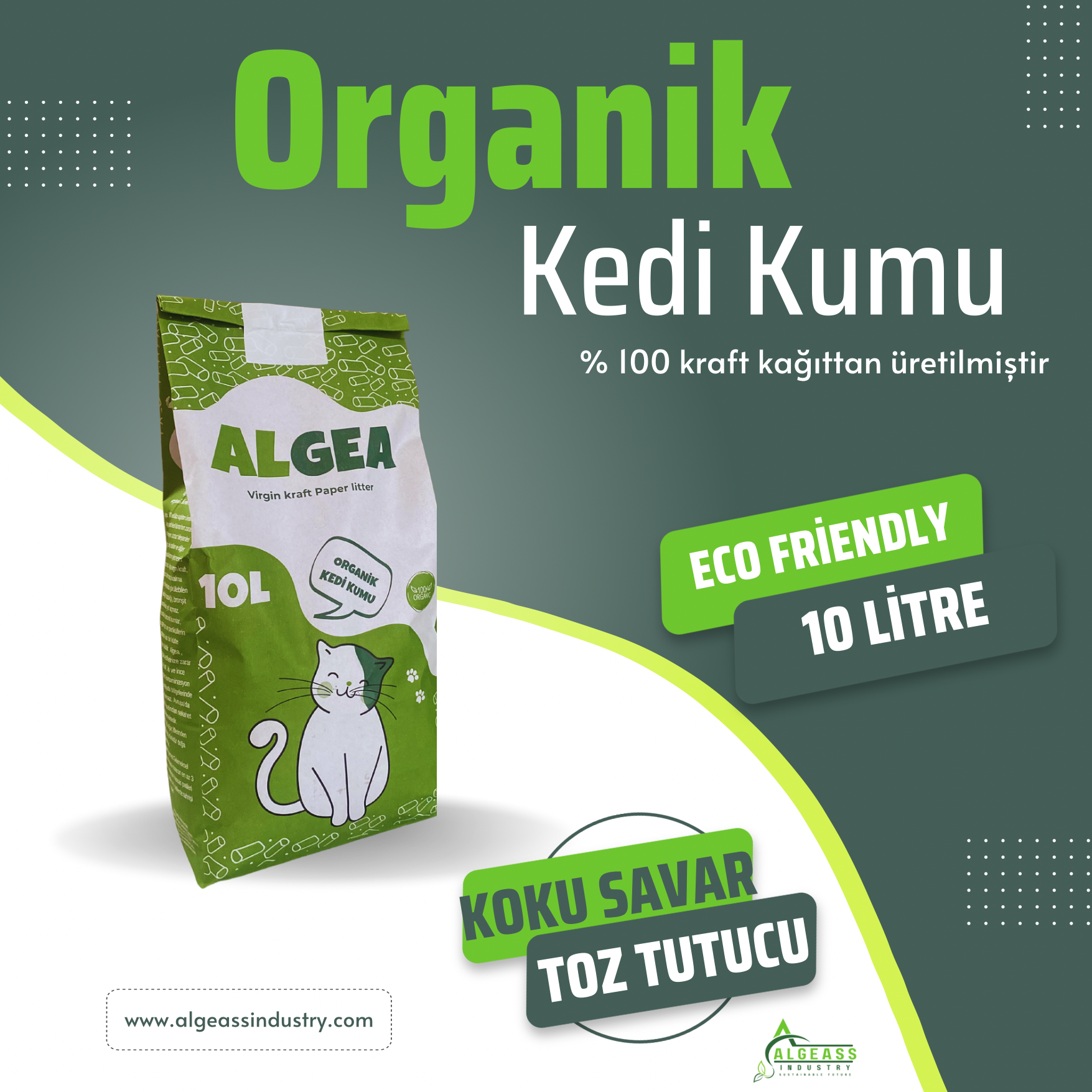 Organik Algea Virgin Kraft Paper Kedi Kumu Beyaz  10 Litre
